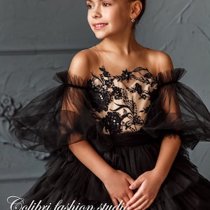 Black flower girl dress, Girl dress lace, Flower girl dress tulle, Flower girl dress with sleeves, Christmas girl dress, Tutu flower dress