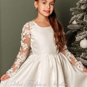 Flower girl dress ivory, Tutu girl dress, Long sleeve flower girl dress, Wedding flower girl dress, Baptism dress, White flower girl dress