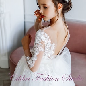 Long sleeve flower girl dress Ivory wedding dress girl Lace flower girl dress Communion baby girl dress tulle Boho toddler flower girl dress