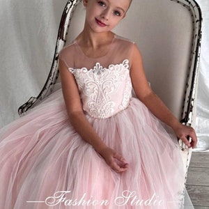 Lace flower girl dress powder Tulle baby girl dress floor length Birthday girl dress ivory First communion girl dress Toddler tutu dress