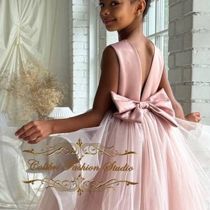 Satin flower girl dress, Ivory flower girl dress, Girl dress with train, First communion, Tulle flower girl dress, Toddler girl dress