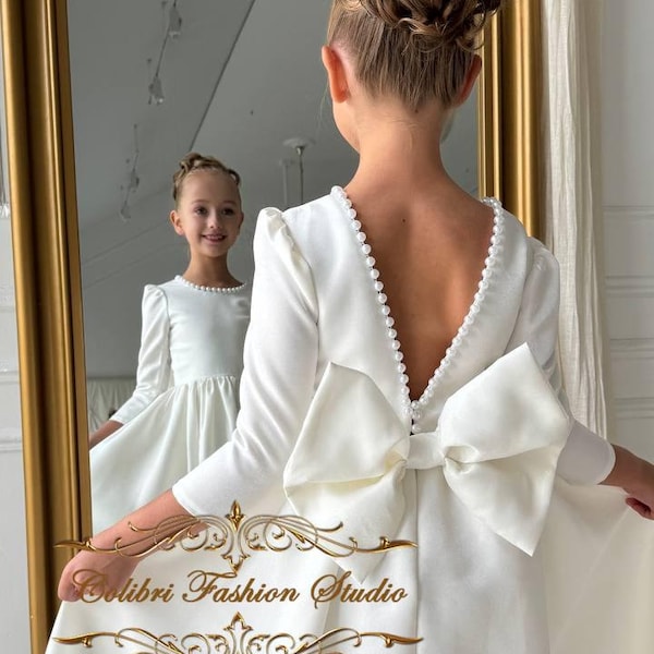 First communion, Flower girl dress long sleeve, Flower girl dress ivory, Girl dress tutu, Flower dress dusty rose, Satin girl dress