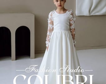 Lace flower girl dress Ivory tulle dress toddler Rustic wedding girl dress Long sleeve princess dress Baptism dress girl Satin girl dress