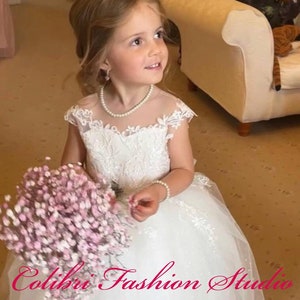 Lace flower girl dress, First communion girl dress, Flower girl dress ivory, White girl dress tutu, Toddler girl dress, Birthday girl dress