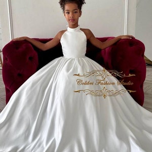 Flower girl dress halter neckline Open back baby flower dress Satin girl dress ivory A-line toddler girl dress Birthday party girl dress