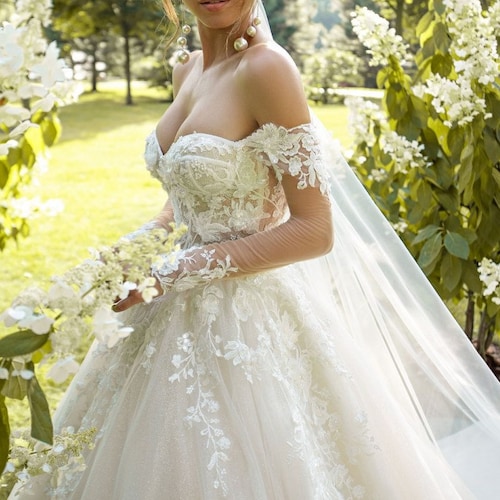 A-Line Off Shoulder Appliques Floral Lace Up Wedding Dress with Sweep Train