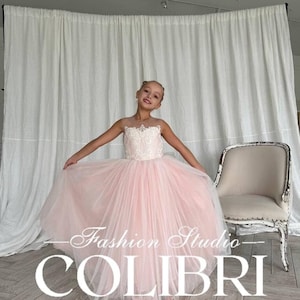 Communion baby girl dress blush Sleeveless flower girl dress Lace birthday party girl dress Tulle flower dress Junior bridesmaid Photo shoot