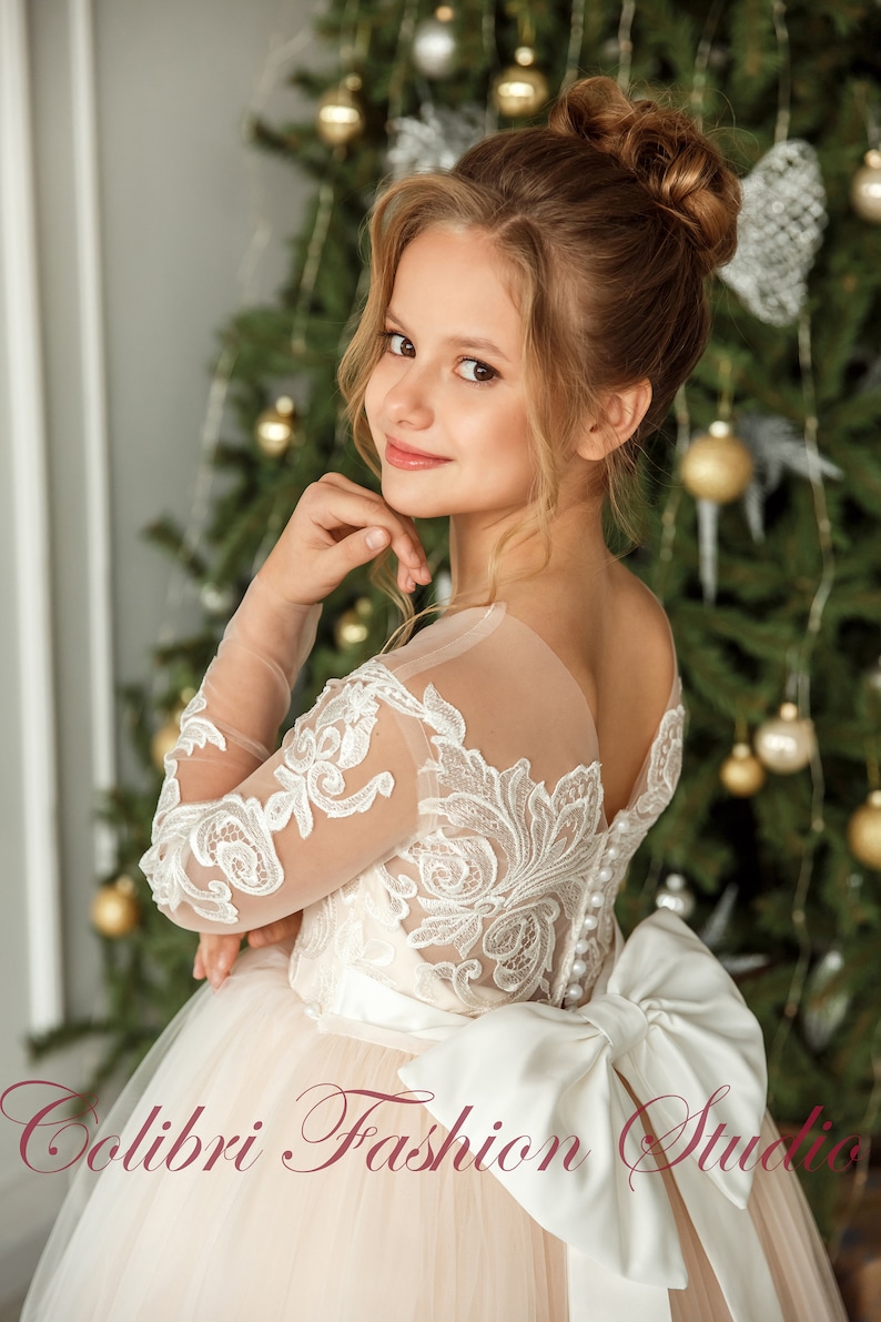 Flower Girl Dress Long Sleeve Tulle Girl Dress Satin Flower Etsy