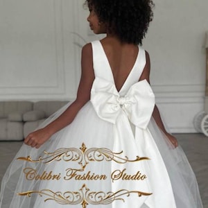 Ivory satin tulle flower girl dresses Toddler baby first communion dress Sleeveless dresses  Rustic glitter girl dress