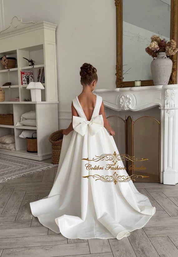 Ivory satin flower girl dress with train Little girl party dress with  pearls Baptism baby girl dress long Princess evening dress bridesmaid