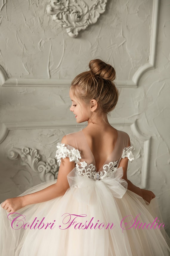 Flower Girl Dress Lace Girl Dress Tulle Nude Flower Girl Dress