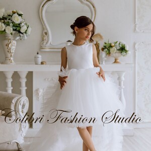 Satin flower  girl dress White flower girl dress  Wedding flower girl dress Party dress Dress for photoshoot Flower girl dress with train