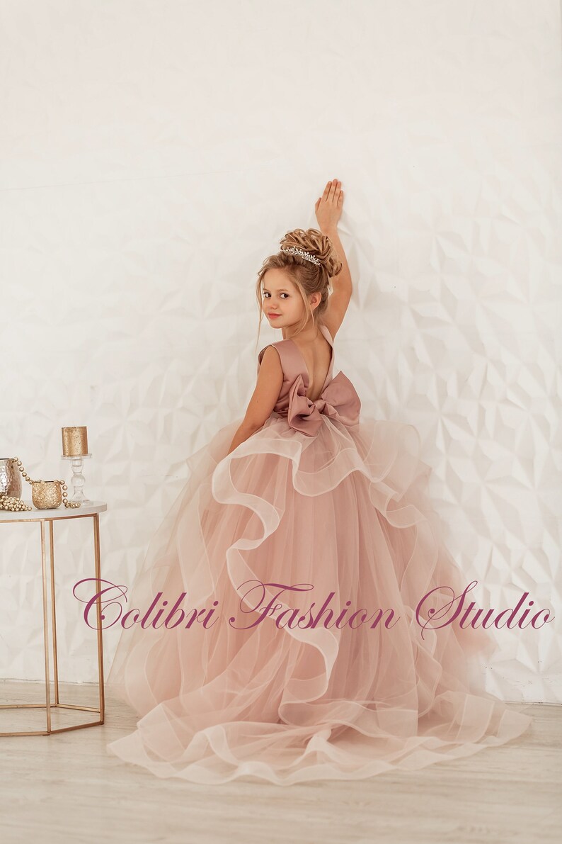 Flower girl dress Dusty rose flower girl dress Tulle flower girl dress tutu girl dress Satin girl dress Flower girl dress with train 