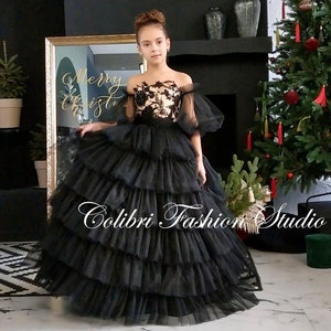 Flower girl dress, Tulle baby dress,Lace flower girl dress, Satin girl dress, Black flower dress, Flower dress tutu, Tulle flower girl dress