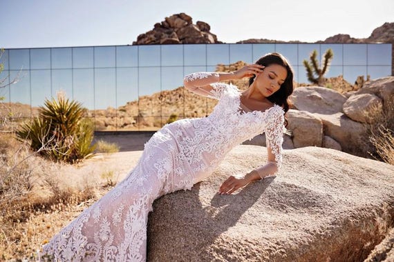 fancy mermaid wedding dresses Anastasia/ Lace mermaid wedding dress with detachable sleeves