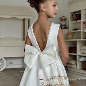 Satin flower girl dress Pageant ivory toddler girl dress Junior bridesmaid girl dress with train Baptism dress baby girl White flower dress