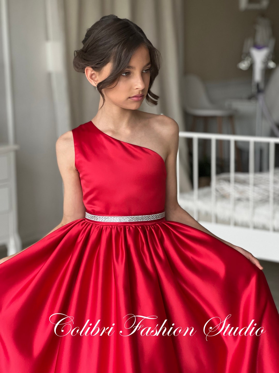 Satin Flower Girl Dress One Shoulder Dress Red Dress Dusty - Etsy