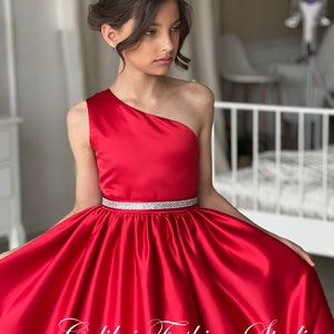 Satin flower girl dress, One shoulder dress, Red dress, Dusty rose flower girl dress, Party dress, Junior  girl dress