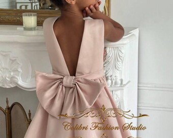 Tutu flower girl dress, Satin girl dress, Flower girl dress white, Baptism dress, Ivory girl dress, Party girl dress, Dress with train