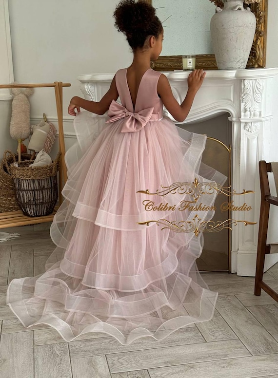 Girl Wedding Dress Dusty Rose Toddler Girl Dress Long Train Puffy