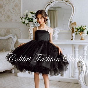 Tulle flower girl dress, Dress with train, Satin girl dress, Pearls girl dress, Toddler girl dress,  Black flower girl dress