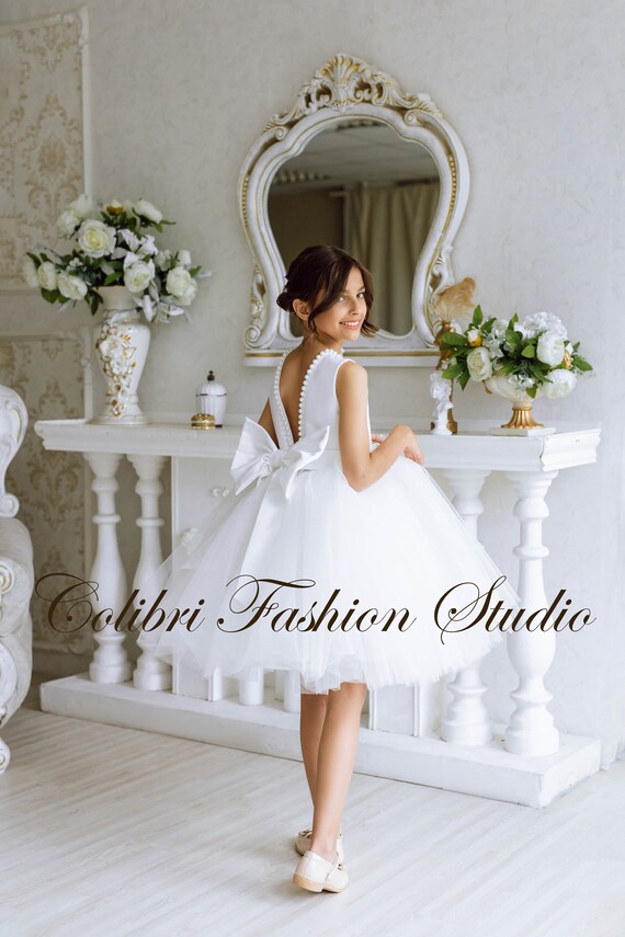 Flower Girl Dress Satin Girl Dress Communion Dress Tulle Etsy
