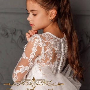 Robe de demoiselle d&#39;honneur en dentelle, robe de fille d&#39;honneur à manches longues, robe à fleurs en tulle, robe de demoiselle d&#39;honneur blanche, robe de baptême, robe de demoiselle d&#39;honneur en satin