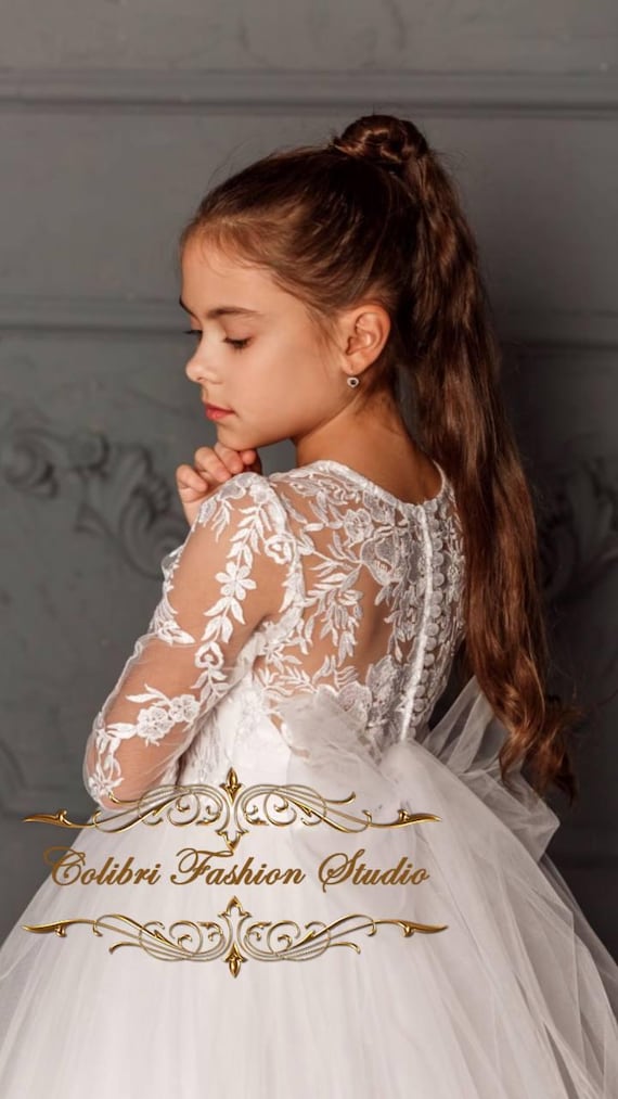 knee length dresses for ladies Swan White Flower Girl Lace Dress