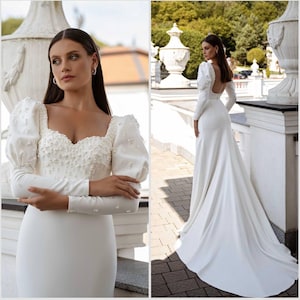 Satin wedding dress with puffy sleeves Open back bridal gown ivory Wedding dress with pearls Wedding dress with train Classic wedding dress