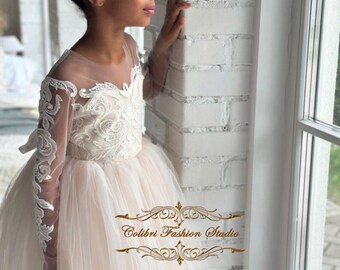 Lace flower girl dress ivory Tulle toddler girl dress Party girl dress Special occasion baby dress long Puffy flower dress Junior bridesmaid