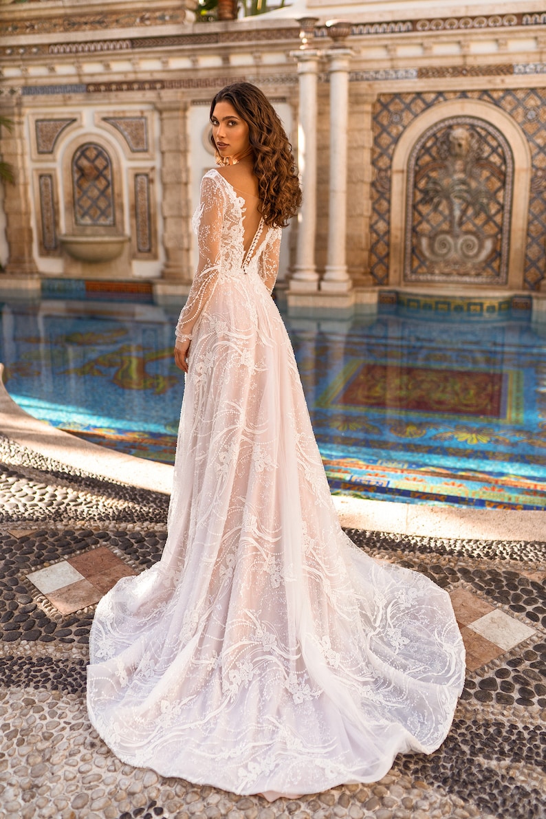 A Line V Neck White Criss Cross Long Sleeve Wedding Dress LBQW0141