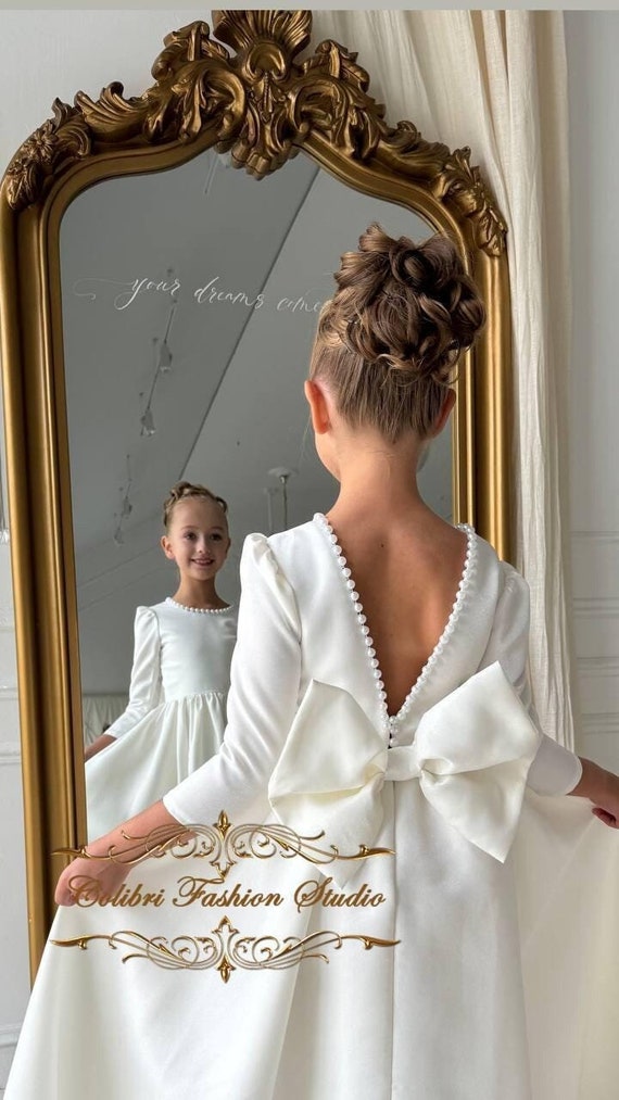 knee length dresses for ladies Elegant Girls' Satin First Communion Dress w/ Crystal Organza Skirt   Malcolm Royce
