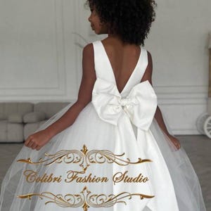 Ivory flower girl dress, Tulle girl dress, Satin flower dress, Flower girl dress tutu, Wedding flower girl dress, Boho girl dresses