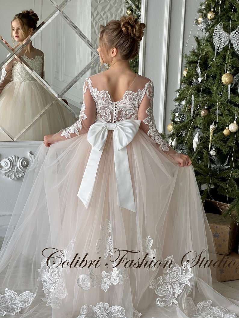 Flower Girl Dress Long Sleeve Tulle Girl Dress Satin Flower Etsy