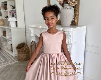 Flower girl dress satin, Flower girl dress tutu, Communion dress, Ivory girl dress, First birthday girl dress, Flower dress with train