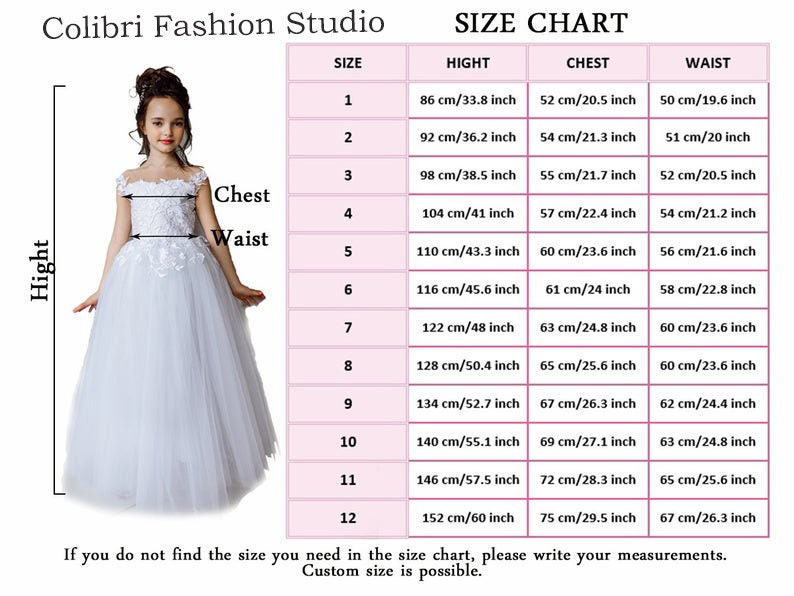 Size chart with the measurements corresponding to the sizes. The dresses are made exactly to these measurements in my size chart. For sewing I need these measurements:
full height (from the top of the head to the floor), chest, waist.