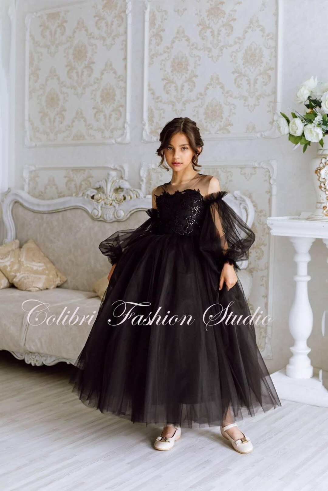 black tulle ruffle dress SAU LEE Sabrina Tulle Gown, Black / 4 main image 1