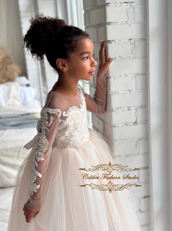 First communion girl dress Nude girl dress Lace flower girl dress tutu  Tulle flower dress ivory Baptism girl dress Floor length girl dress