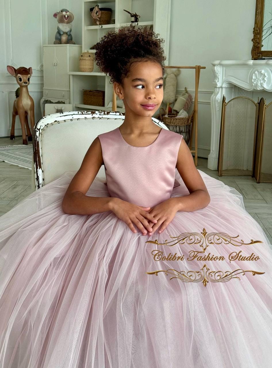 dusty pink junior bridesmaid dress Duntery Long Satin Tulle Junior Bridesmaid Dress Open Back V-Neck, Blushing-Pink