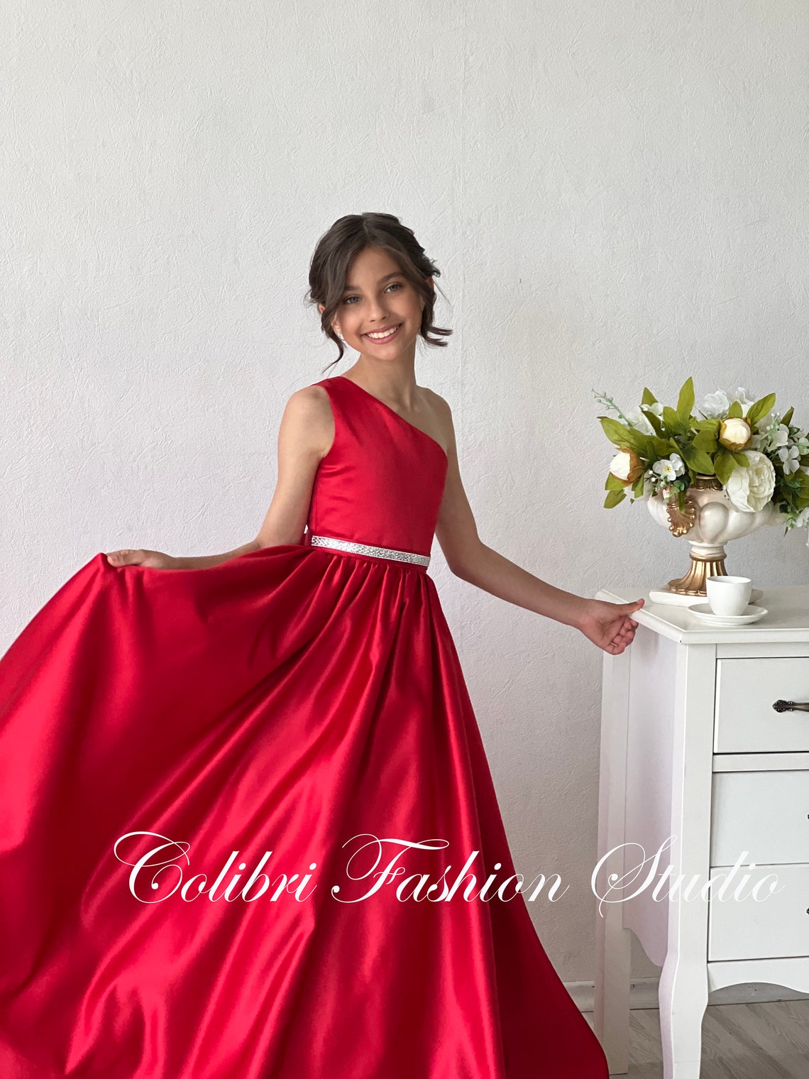 Girls One Shoulder Satin Flared Ethnic Dress