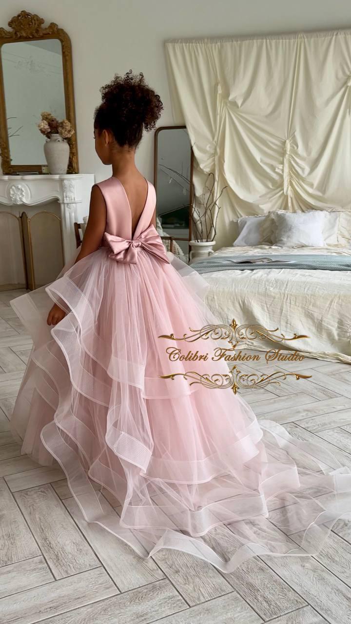 Dusty rose tulle girl dress with train Baby flower girl dress satin Christmas girl dress puffy Ivory birthday girl dress Junior bridesmaid