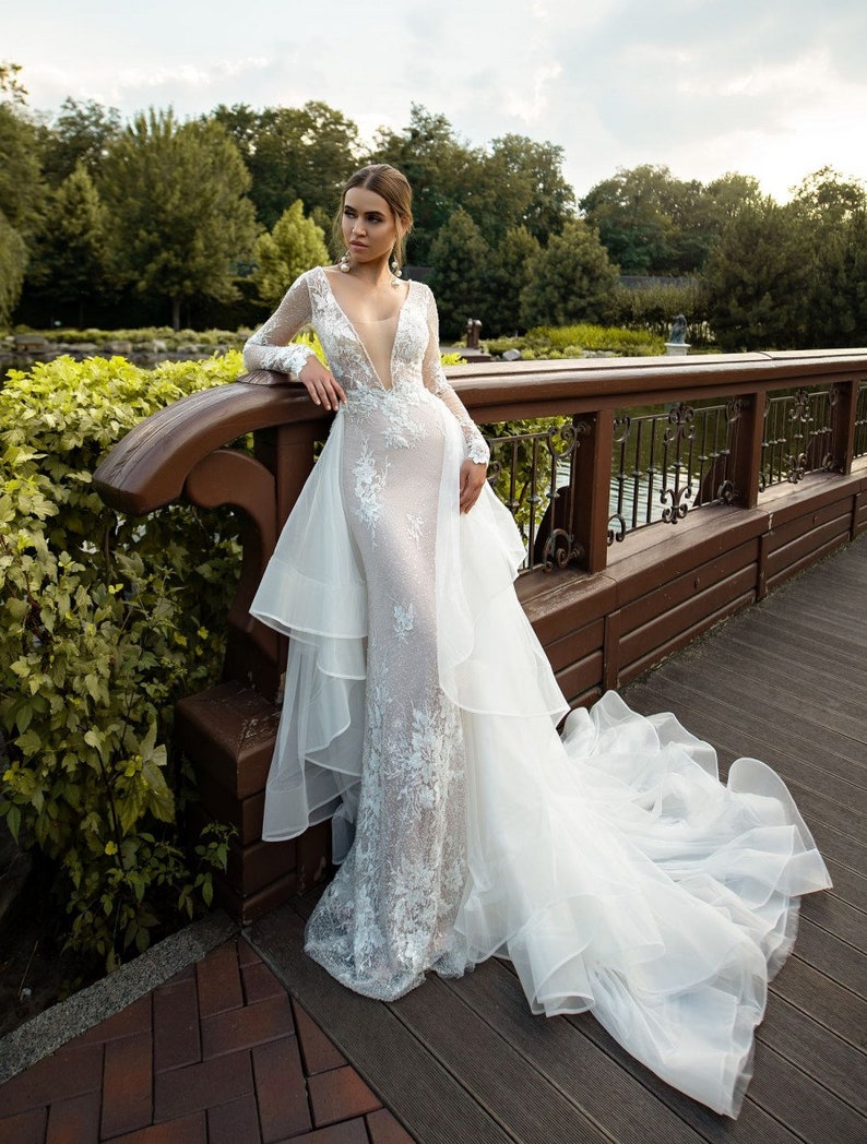 long sleeve open back mermaid wedding dress