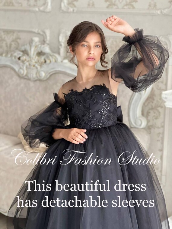 black tulle dress with sleeves Long Two Piece Tulle Lace Puffy Black Wedding Dress With Sleeves main image 1