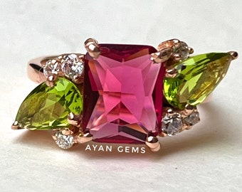 Sapphire and Peridot Ring , Gemstones Ring, Vintage Ring, Multy stone Ring, Engagement Ring, 925 Sterling Silver Ring, Girls & Women's Ring,