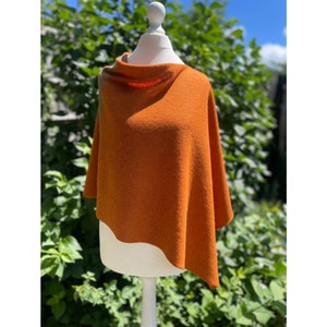 May include: A rust-coloured knitted poncho with a cowl neck. The poncho is displayed on a white mannequin against a backdrop of green foliage.