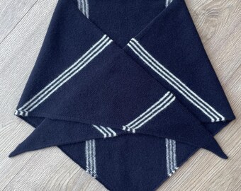 Navy and Ecru Stripe Lambswool Triangle Necktie Neckerchief Scarf Large UK made Free UK Delivery