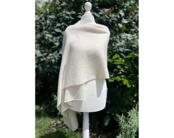 Handmade pure merino lambswool blanket scarf, oversized, pashmina, shawl, wrap, 100% lightweight soft wool, colour ivory off-white cream, UK