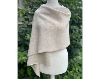 Handmade pure merino lambswool blanket scarf, oversized, pashmina, shawl, wrap, 100% lightweight soft wool, colour neutral beige, UK made