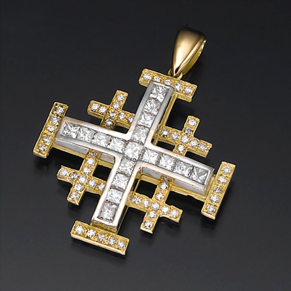 JERUSALEM cross pendant set with princess cut Diamonds. 18K Etsy