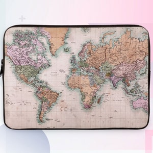 Retro wereldkaart laptophoes, wereldkaartontwerp, laptophoes 12 inch 13 inch 15 inch 16 inch laptoptashoes GA0339